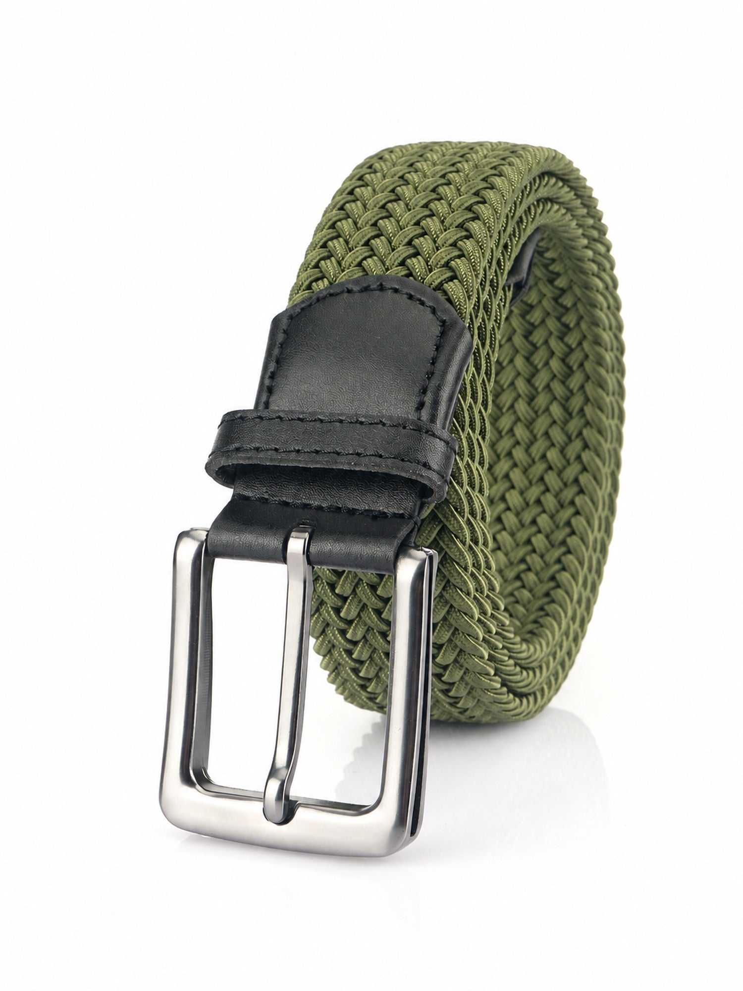 Braided Stretch Belt, Pin Buckle – Men – Olive – front